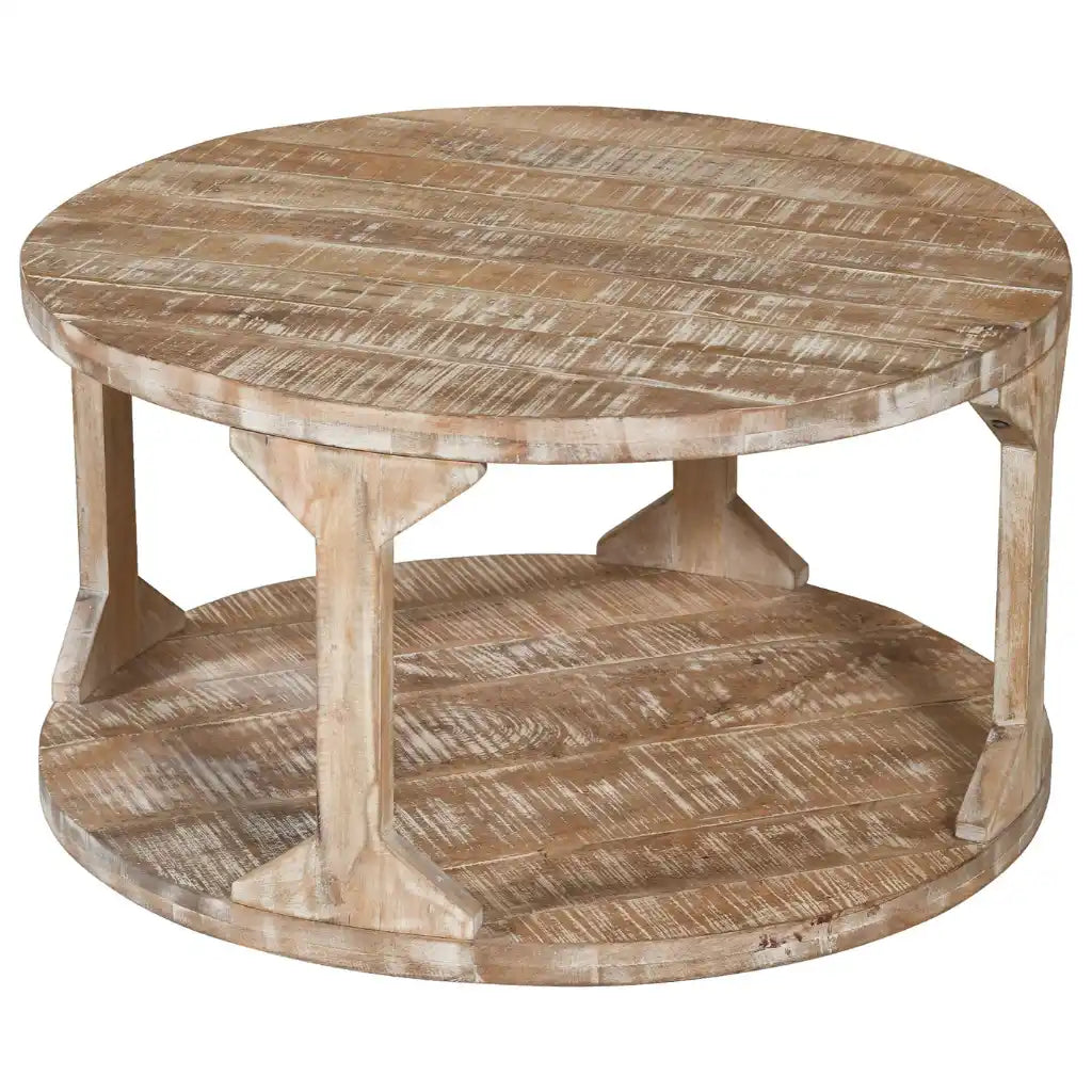 Avni Round Wood Coffee Table in Distressed Natural Mango Wood