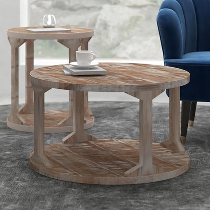 Avni Round Wood Coffee Table in Distressed Natural Mango Wood