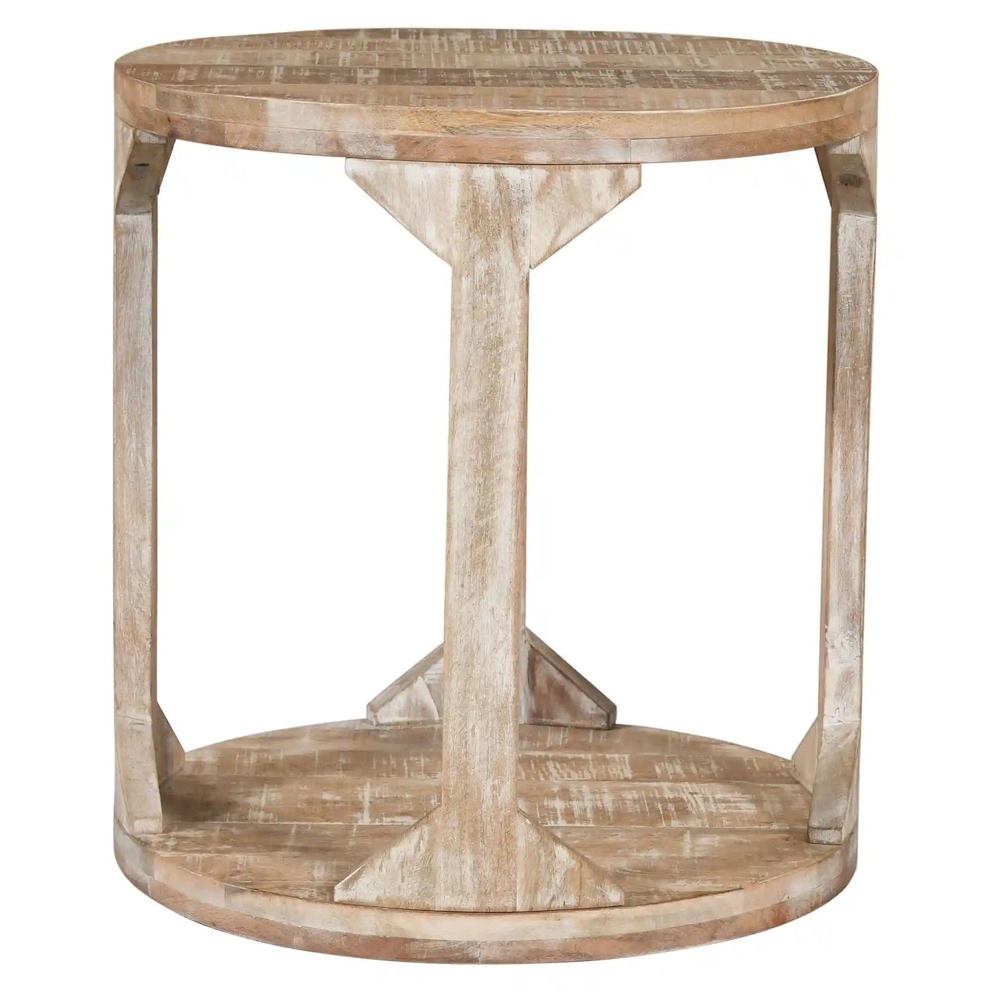 Avni Round Wooden Accent Table in Distressed Natural Finish