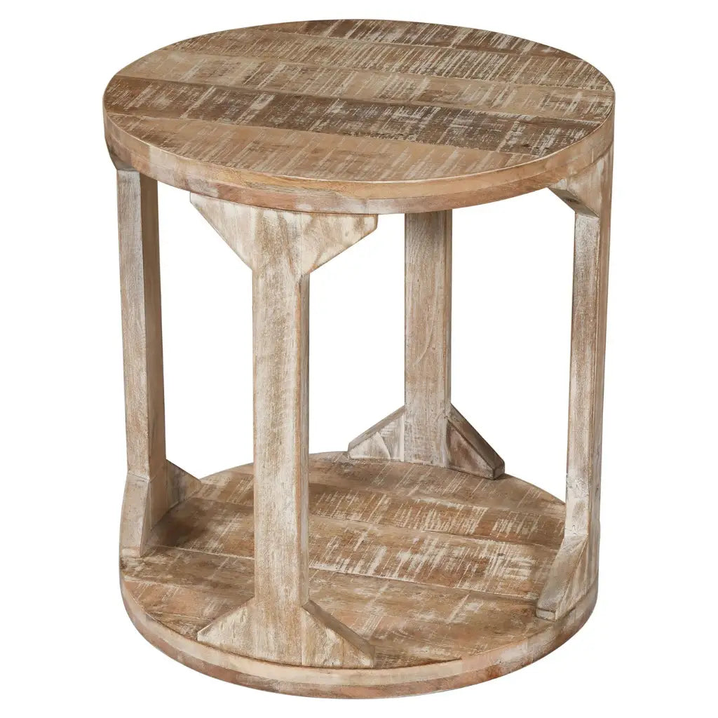 Avni Round Wooden Accent Table in Distressed Natural Finish