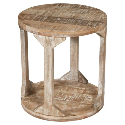 Avni Round Wooden Accent Table in Distressed Natural Finish