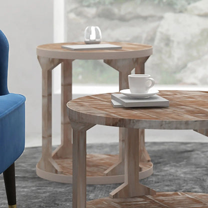 Avni Round Wooden Accent Table in Distressed Natural Finish