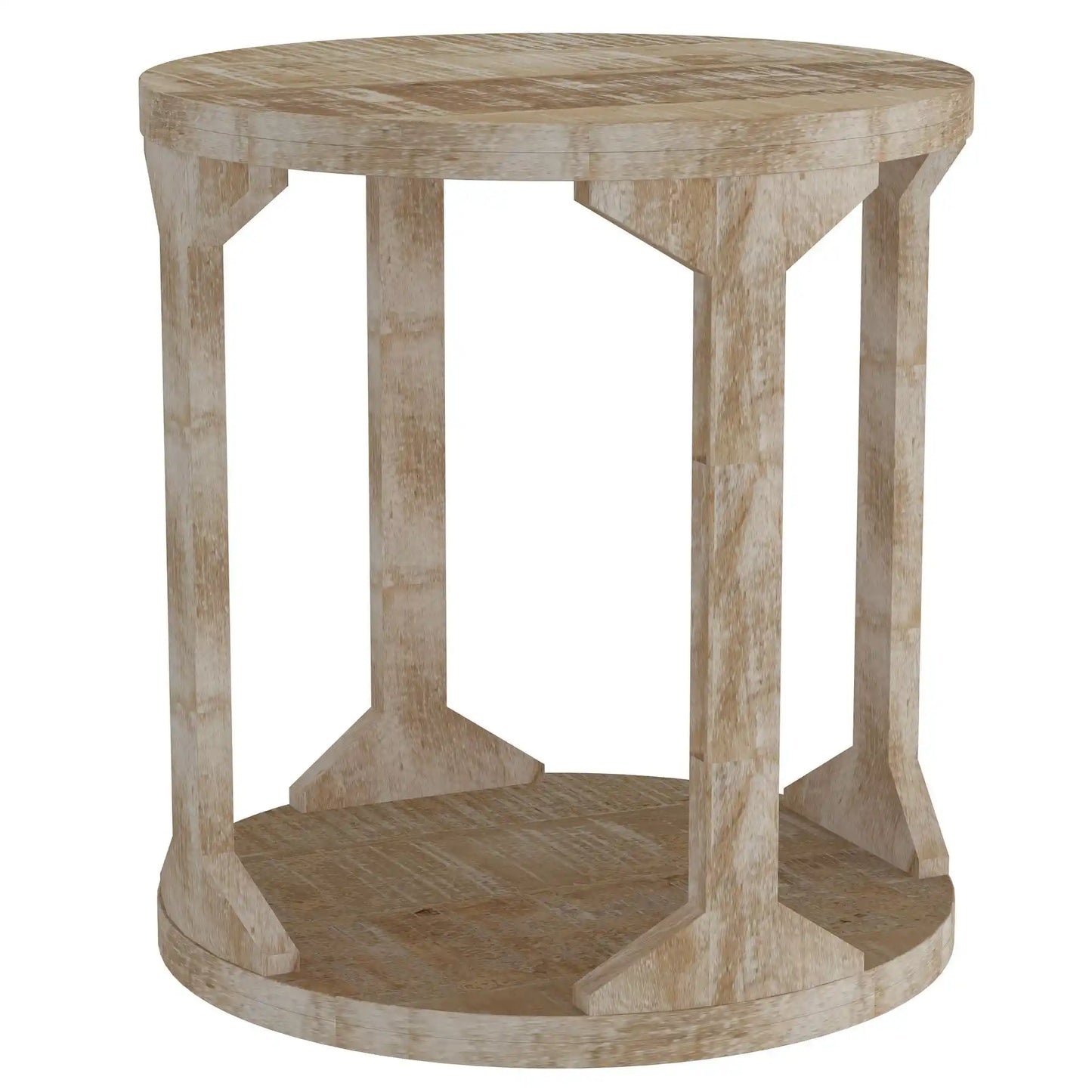 Avni Round Wooden Accent Table in Distressed Natural Finish