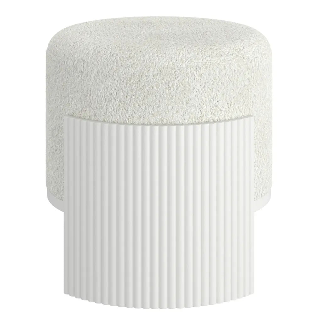 Kiraz Ivory Round Accent Ottoman with Boucle Upholstery & Wood Base