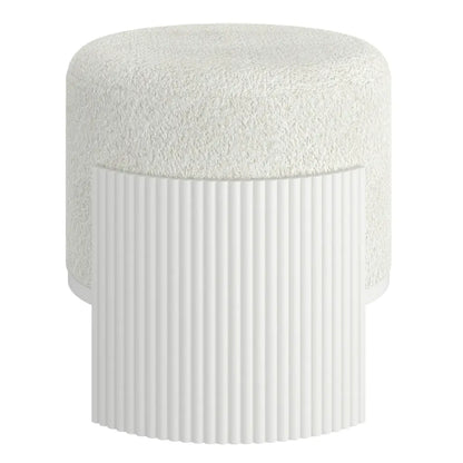 Kiraz Ivory Round Accent Ottoman with Boucle Upholstery & Wood Base