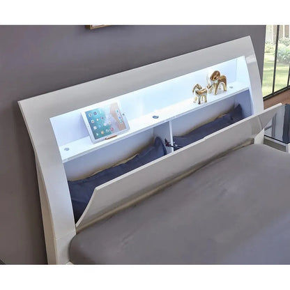 Modern bed with built-in shelf and tablet display