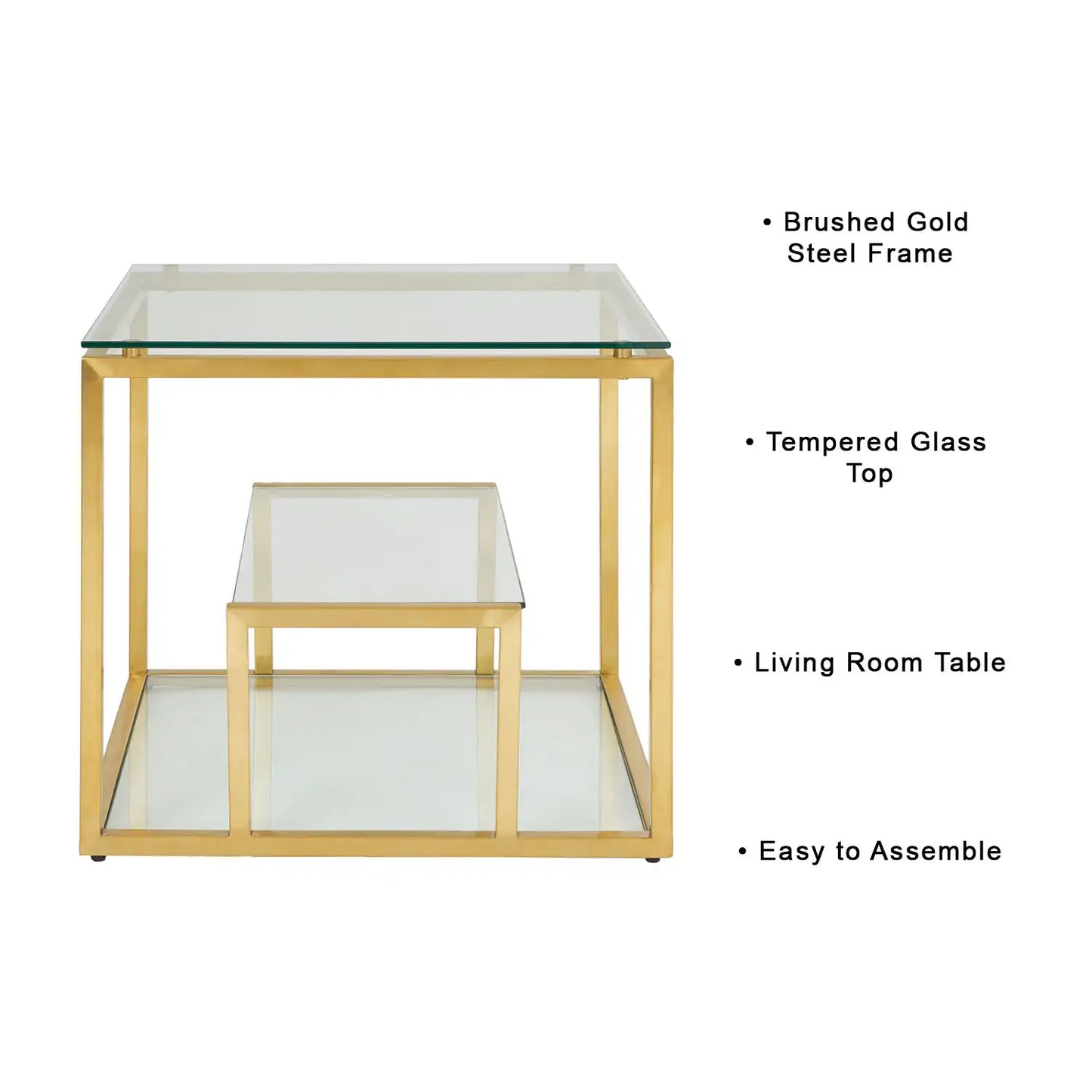 Barolo Gold Metal End Table – Brushed Gold Frame & Tempered Glass