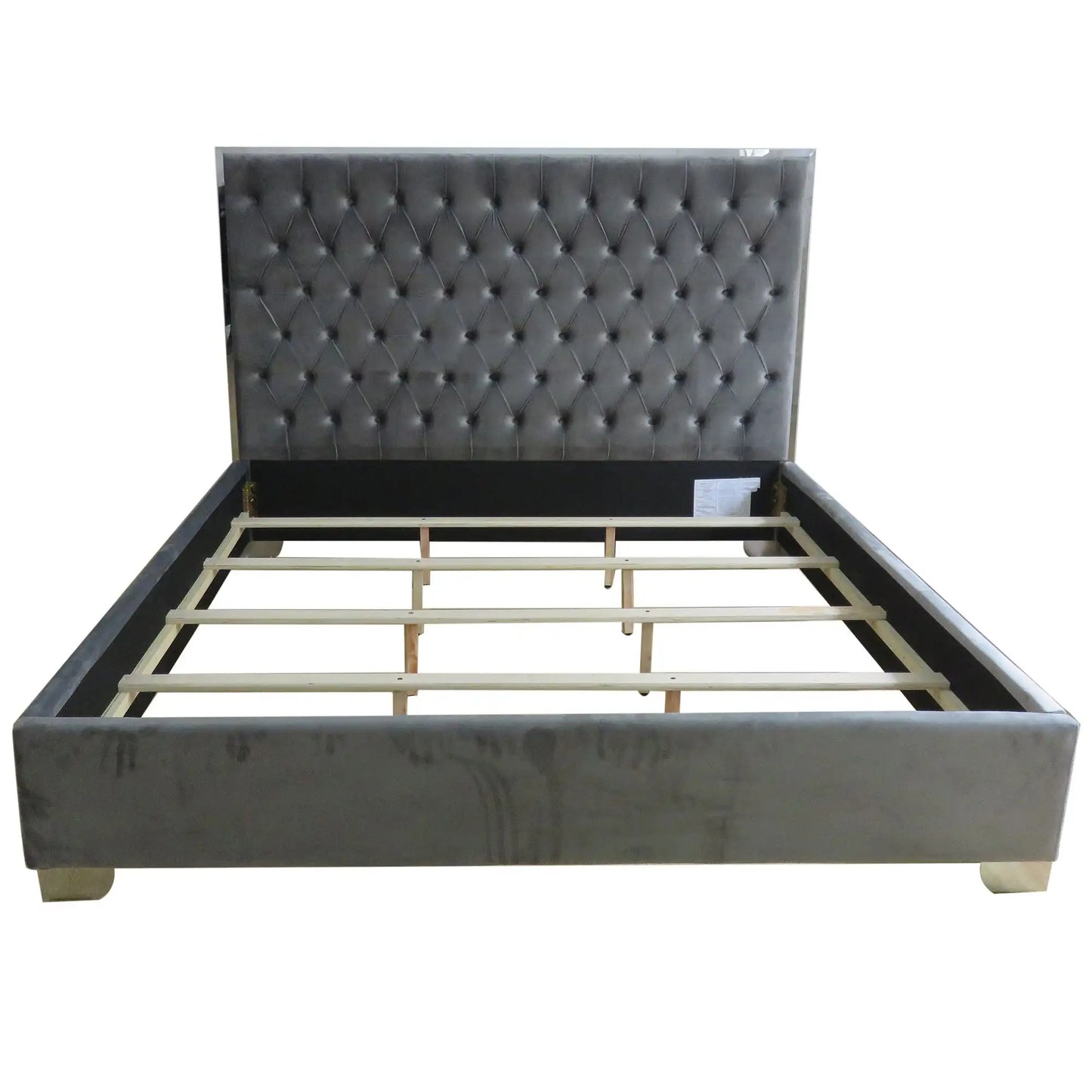 Lucille Grey Velvet Queen Bed with Diamond Tufted Headboard