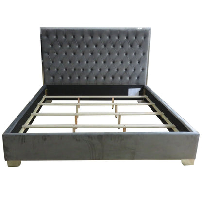 Lucille Grey Velvet Queen Bed with Diamond Tufted Headboard