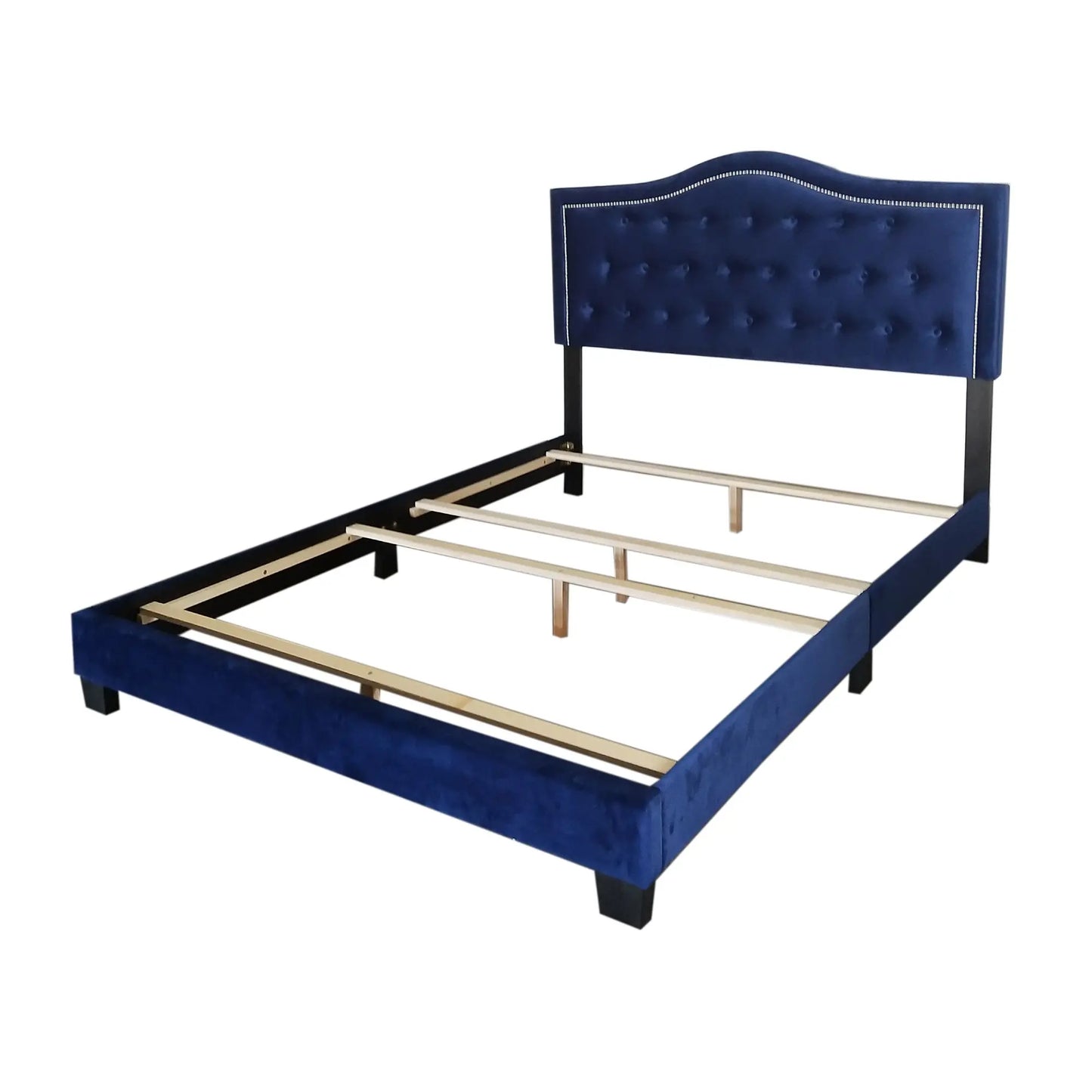 Pixie Blue Velvet Queen Bed with Tufted Crown Headboard