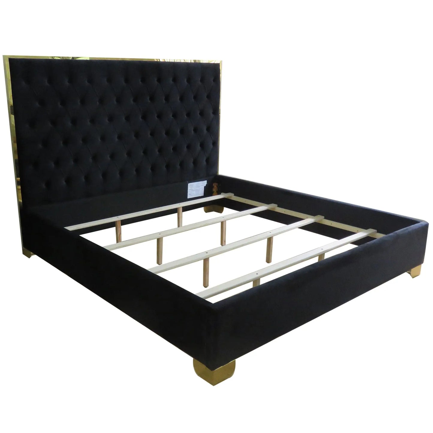 Lucille Velvet King Bed Frame with Gold Trim & Tufted Headboard