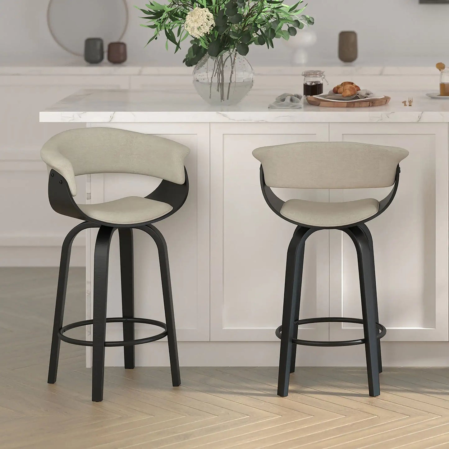 Holt Swivel Counter Stool with Curved Wood Frame & Fabric Seat