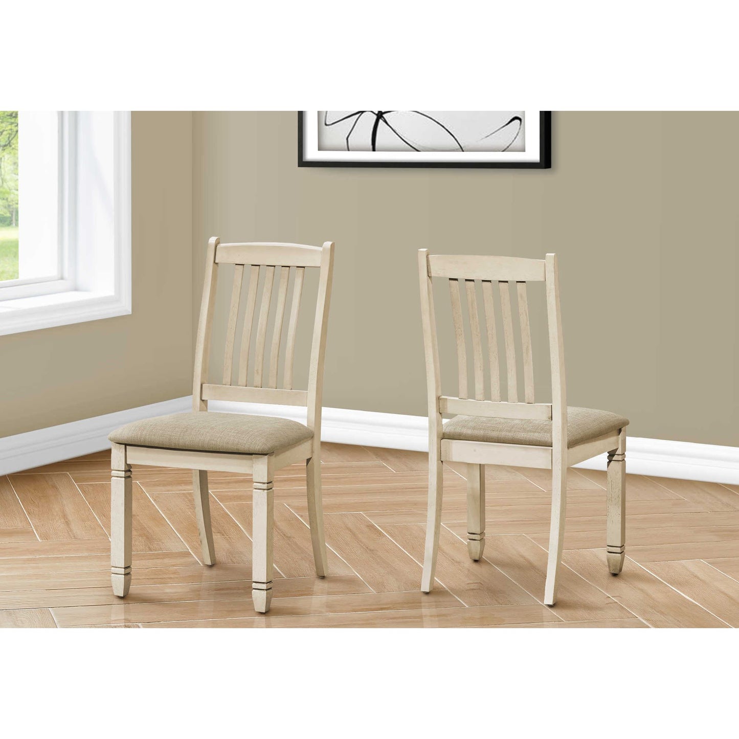 Beige Linen-Look Fabric Upholstered Dining Chairs  –  Set Of 2