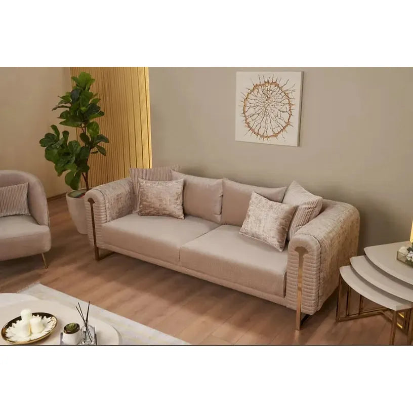 ELIZA Sofa Set – Beige & Gold Fabric Seating with Stainless Steel Legs