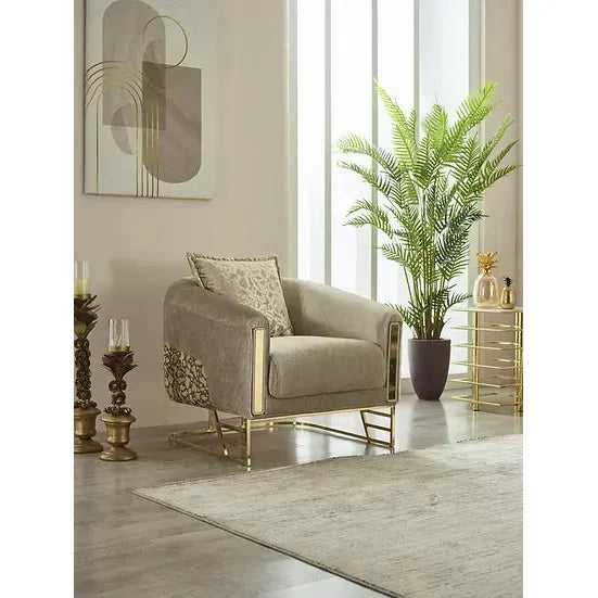 ROMANCE Sofa Set – Beige & Gold Textured Fabric with Steel Legs and Dual Design Options