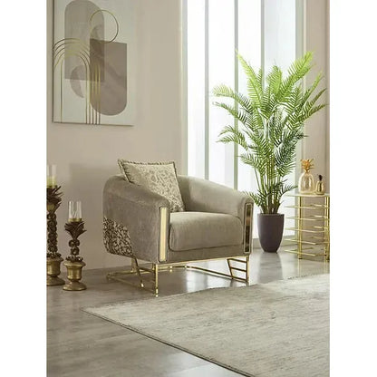 ROMANCE Sofa Set – Beige & Gold Textured Fabric with Steel Legs and Dual Design Options