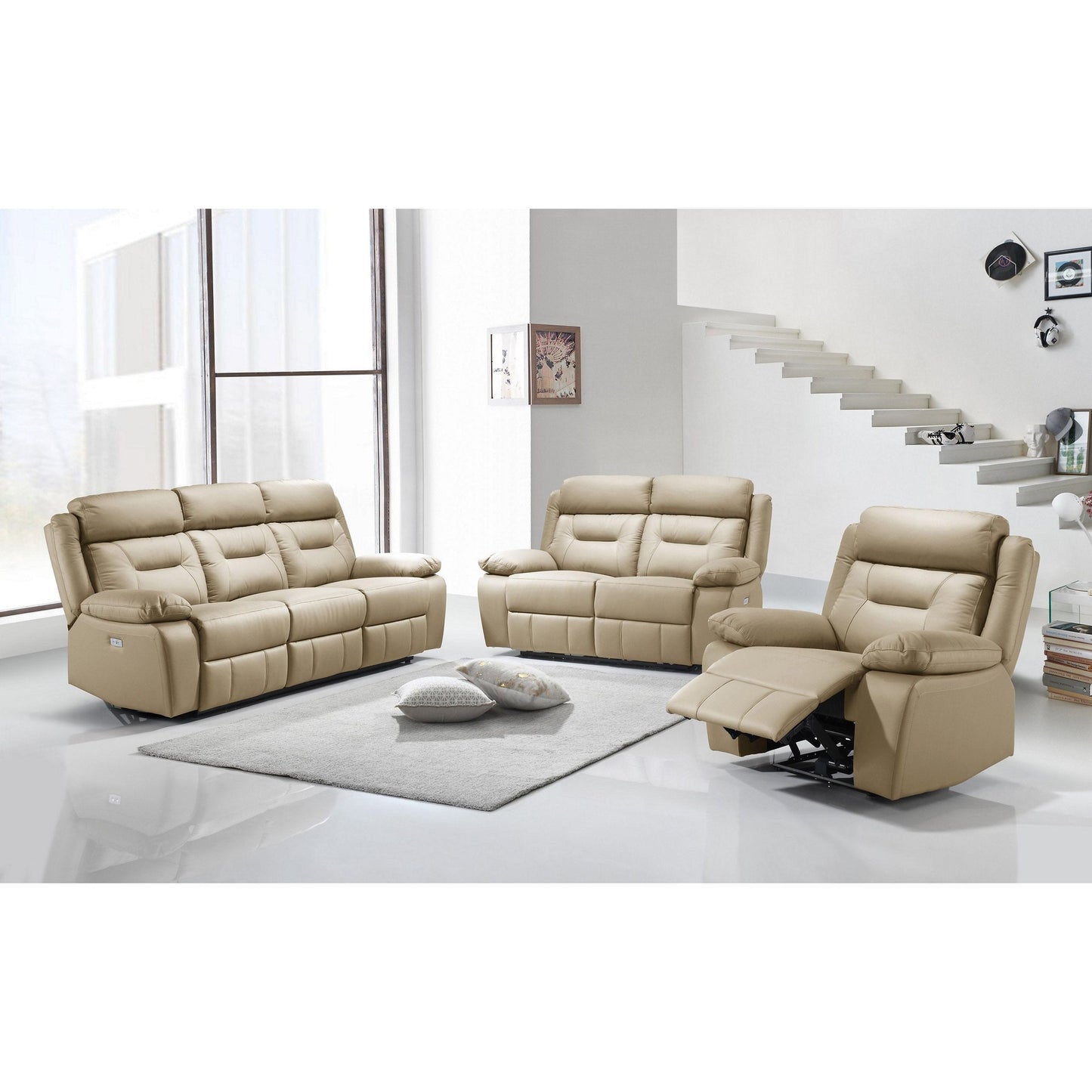 Beige leather recliner sofa for modern living room.