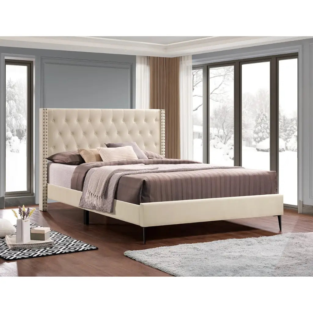 Beige Velvet Double Bed With Wingback Tufted Headboard
