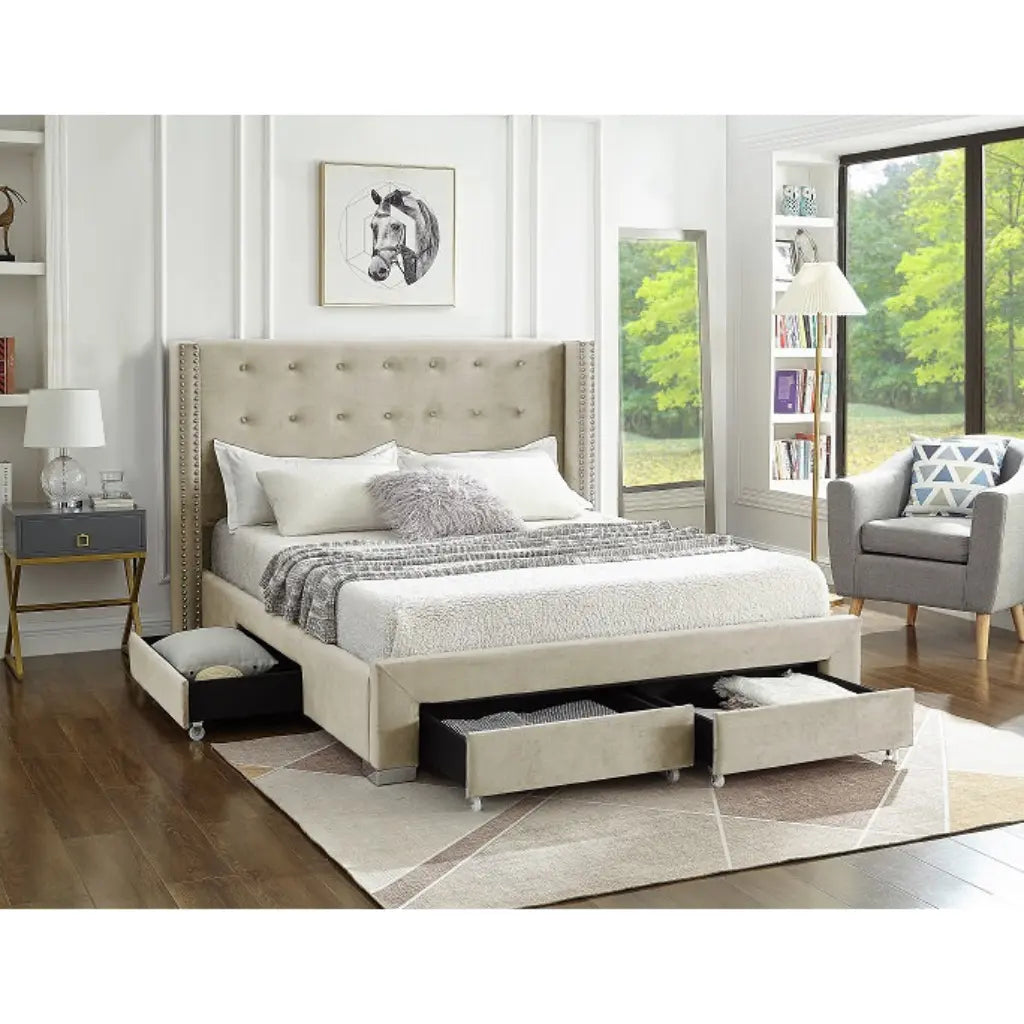 Beige Velvet King Storage Bed 