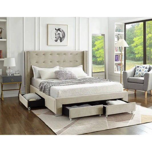 Beige Velvet King Storage Bed 