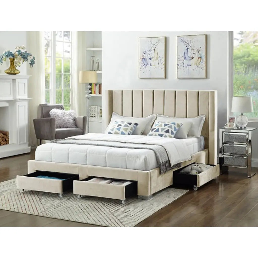 Beige King Storage Bed with Drawers