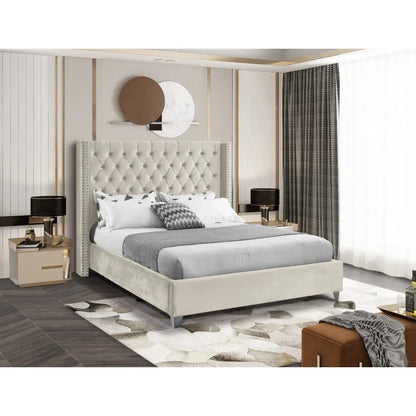 Beige Velvet  Platform Bed with Tufted Headboard