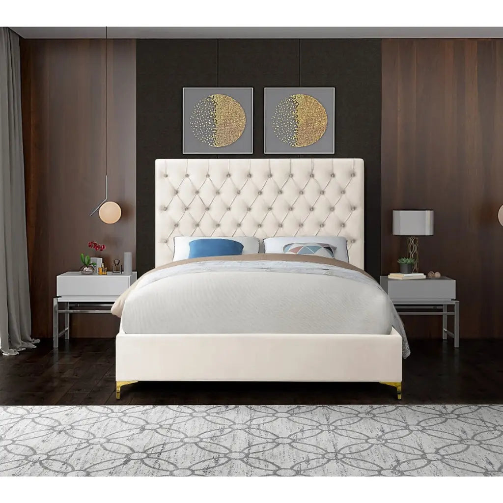 Beige Velvet Queen Bed with Tufting