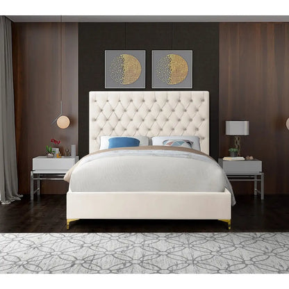 Beige Velvet Queen Bed with Tufting