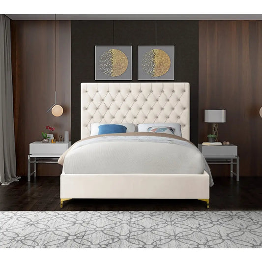 Beige Velvet Queen Bed with Tufting