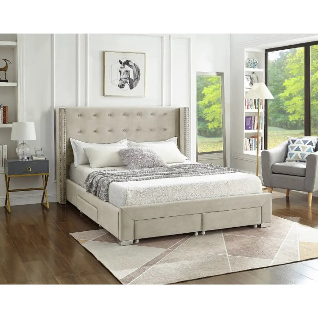 Beige Velvet Queen Storage Bed with Drawers