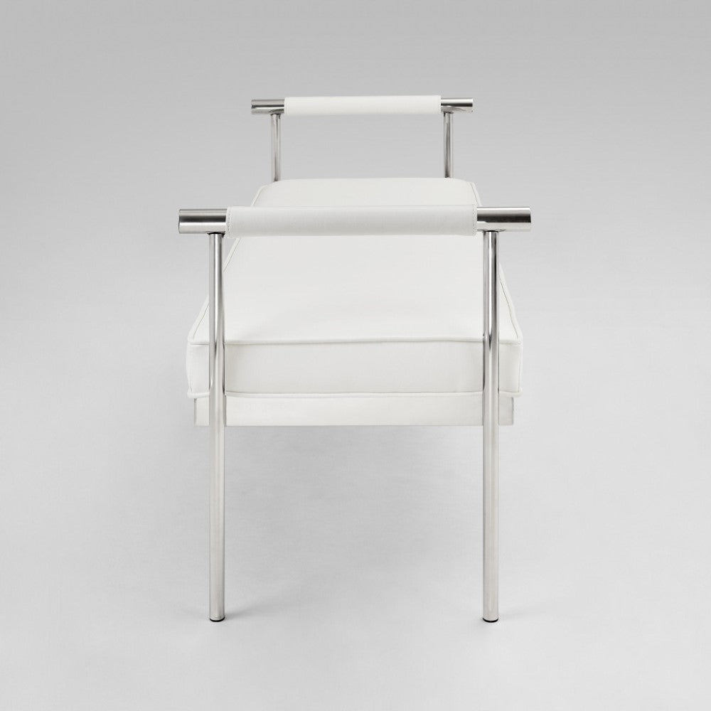 White Leatherette Bench with Arms and Polished Stainless Steel Frame