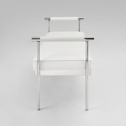 White Leatherette Bench with Arms and Polished Stainless Steel Frame