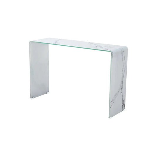 Bent Glass Console Table with Marble Look - Modern Entryway Accent