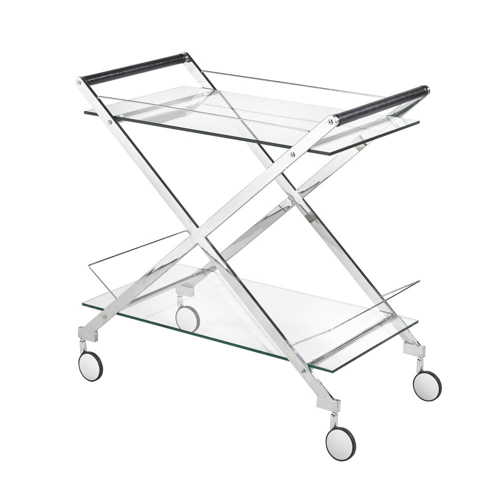 Bermuda Stainless Steel Bar Cart with Glass Shelves & Rolling Casters