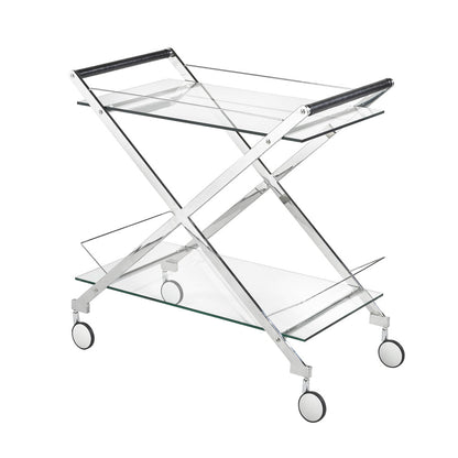 Bermuda Stainless Steel Bar Cart with Glass Shelves & Rolling Casters