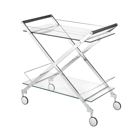 Bermuda Stainless Steel Bar Cart with Glass Shelves & Rolling Casters
