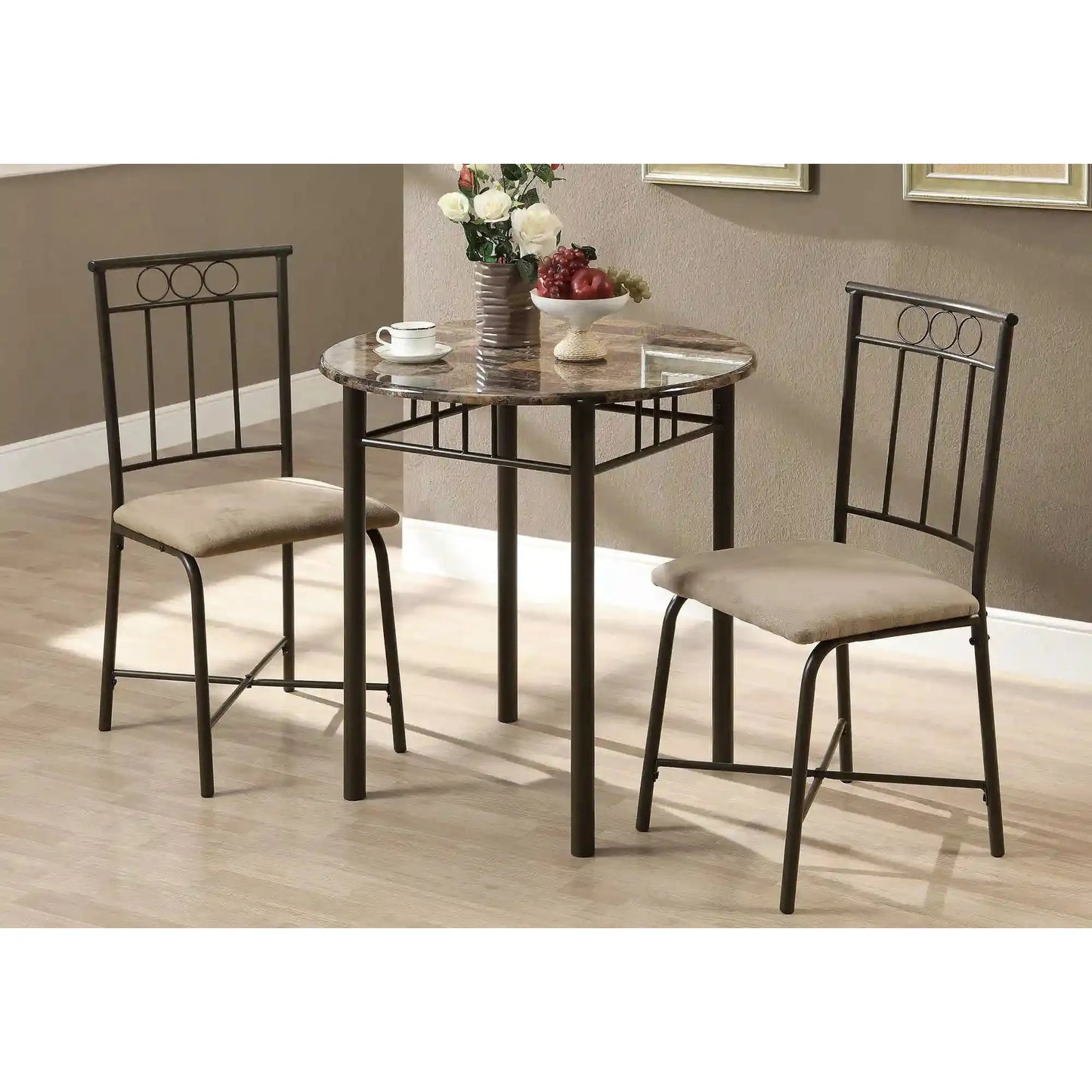 Bistro Dining Set for 2 People - Espresso Marble-Top Table & Metal Chairs