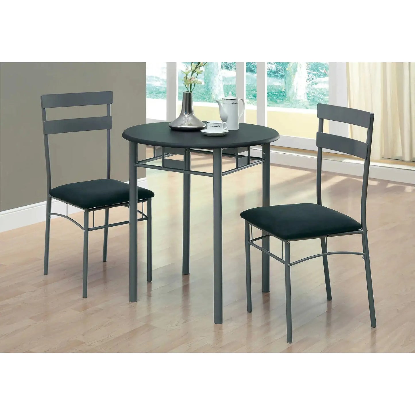 Bistro Dining Set For 2 People – Black Tabletop With Silver Metal Frame