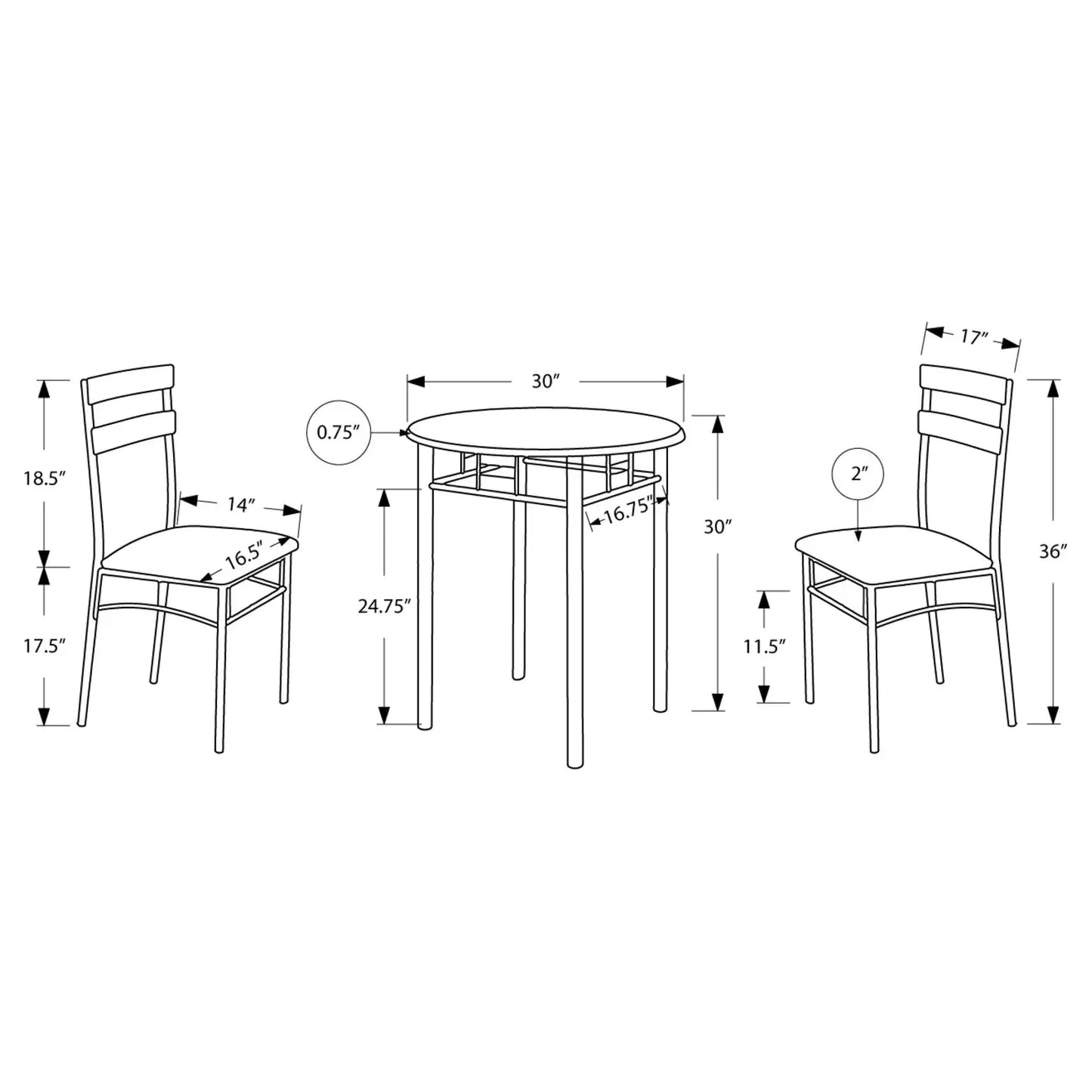 Bistro Dining Set For 2 People – Black Tabletop With Silver Metal Frame