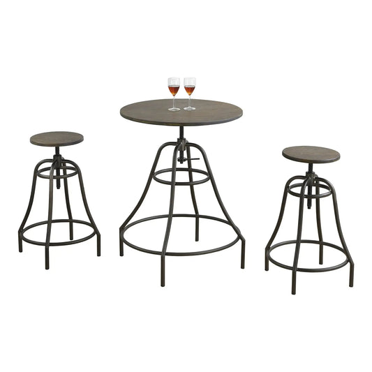 Bistro Dining Set For 2 – Distressed Brown Wood & Bronze Metal Finish