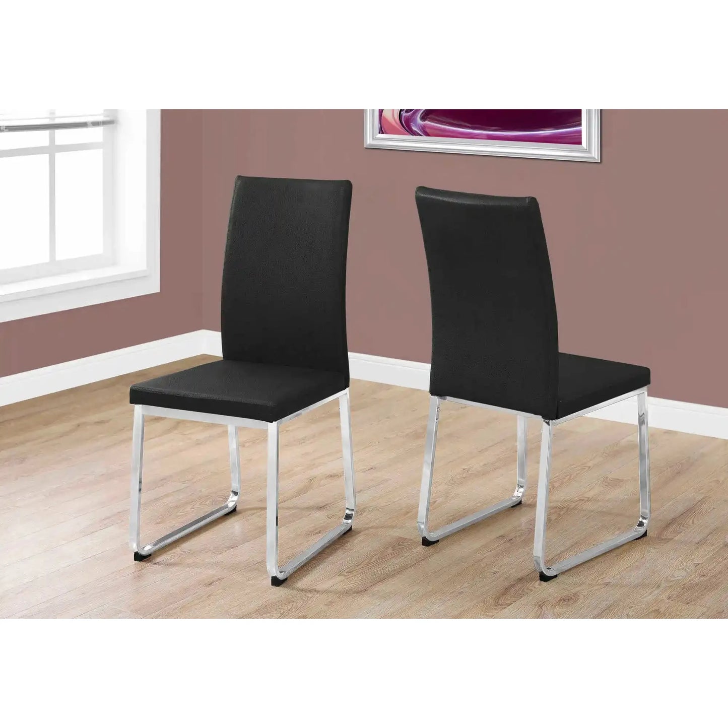 Black Leather-Look Dining Chair – Chrome Metal Legs - Set of 2