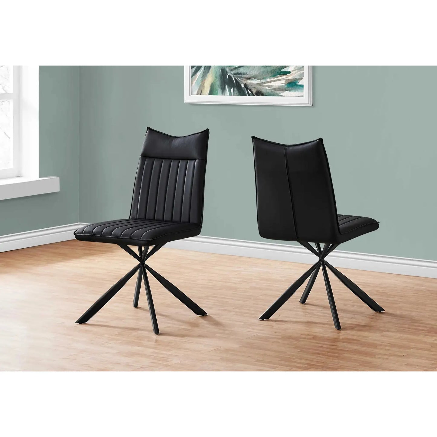Black Leather-Look Dining Chairs – Starburst Black Metal Legs - 2pcs