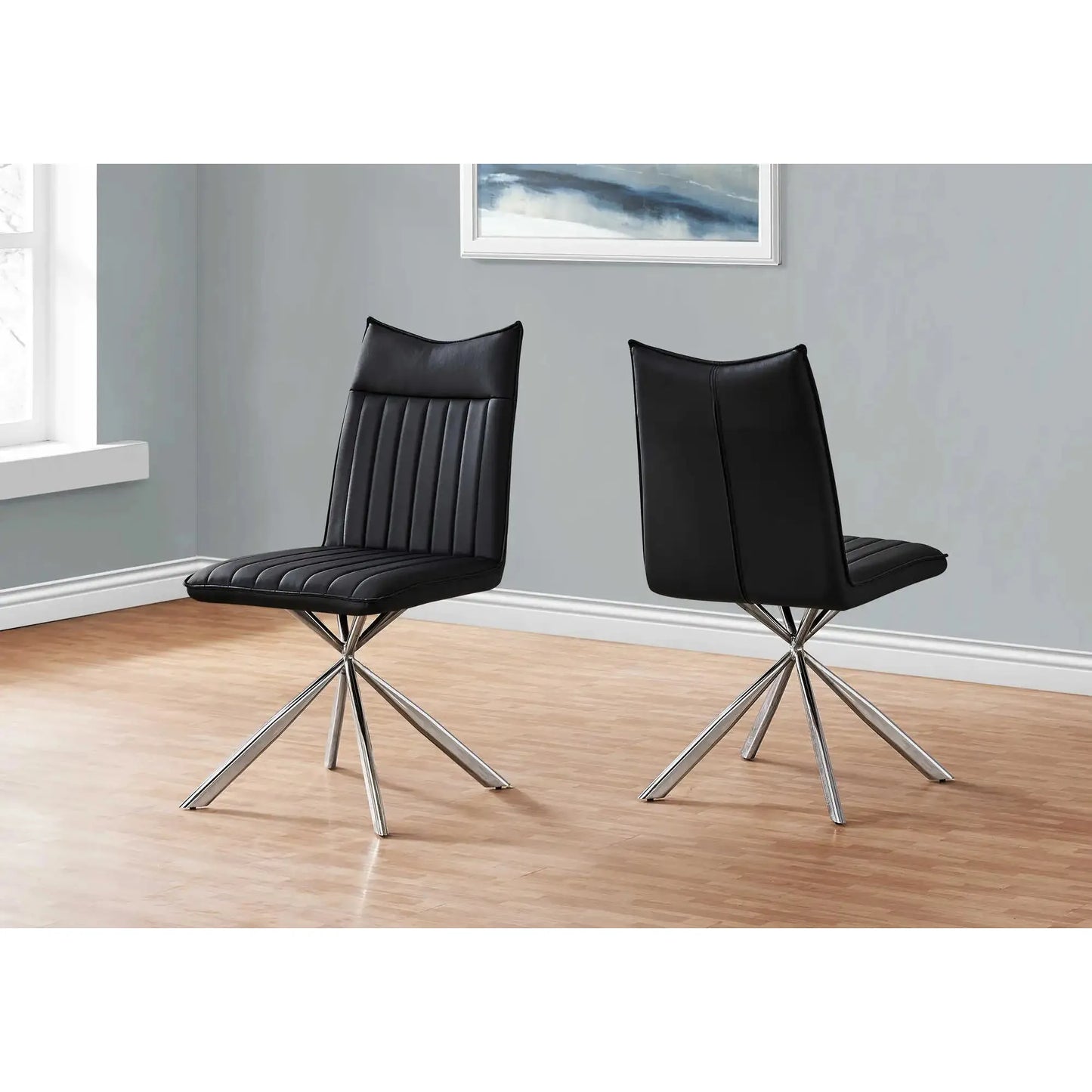Black Leather-Look Dining Chairs – Starburst Chrome Metal Legs - 2pcs