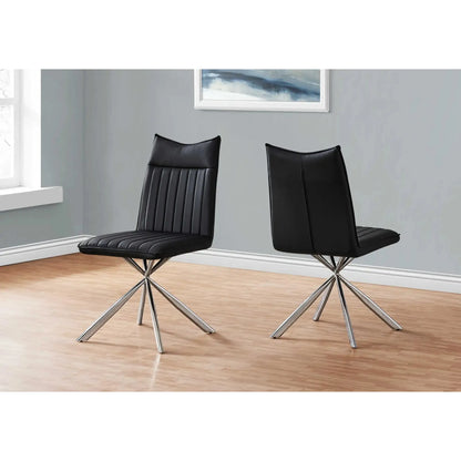 Black Leather-Look Dining Chairs – Starburst Chrome Metal Legs - 2pcs