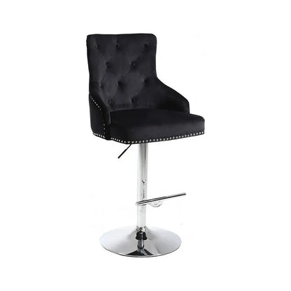 Black bar stool with tufted backrest and chrome base 