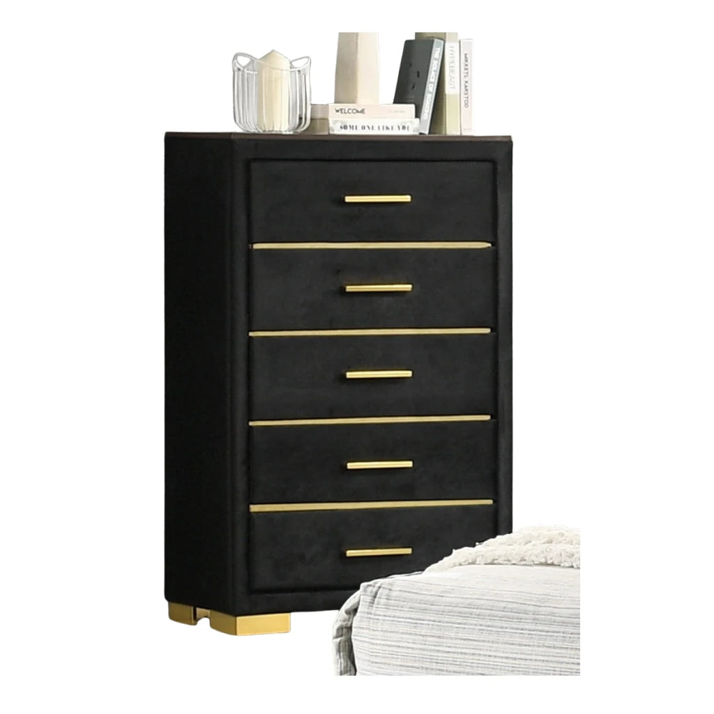 Black dresser with gold accents
