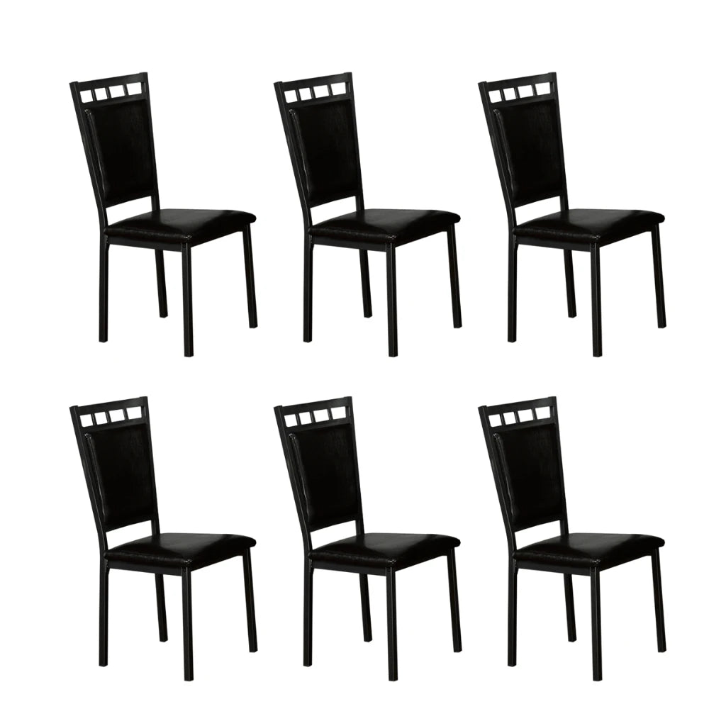 Six black dining chairs with a modern design