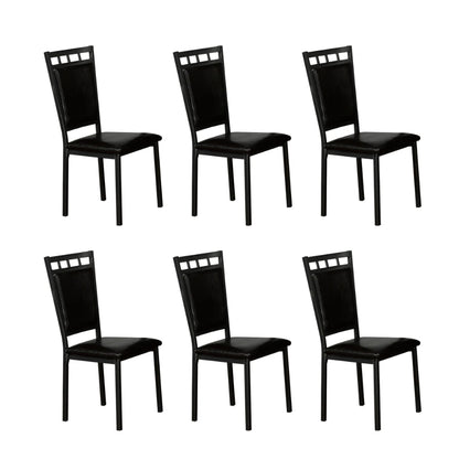 Six black dining chairs with a modern design