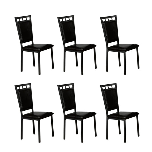 Six black dining chairs with a modern design