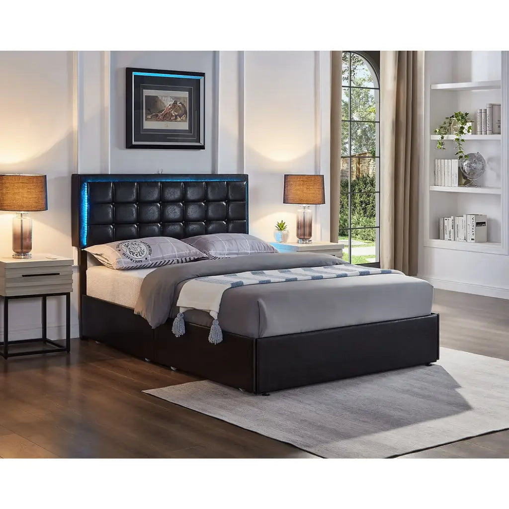 Black Double Bed with Storage Drawers And LED Lights